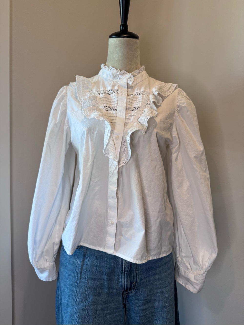 Zara Lace Ruffle Victorian-Style White Button-Up Blouse